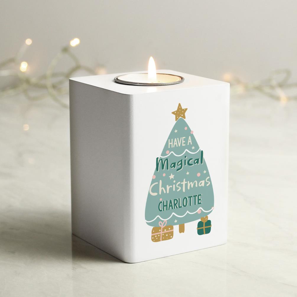 Personalised Christmas Tree White Wooden Tea Light Holder Extra Image 2